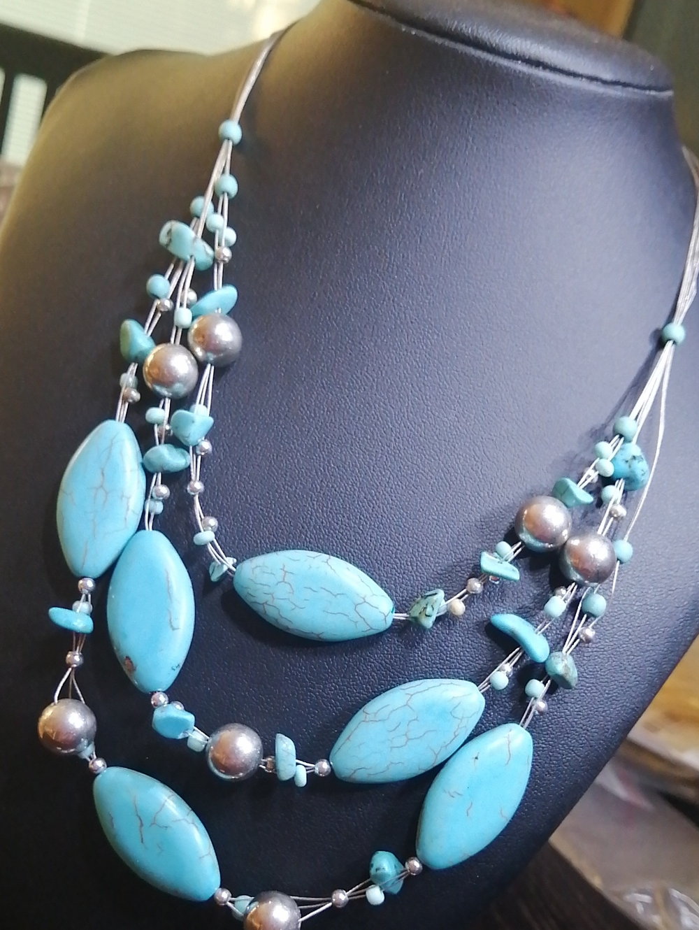 Boho Style Turquoise And Hawlite 3 Strand Necklace